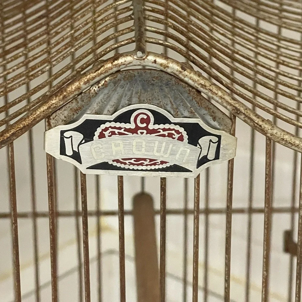 Vintage CROWN Wire Bird Cage w Original Feeder Trays &‎ Slide Tray Hang Hook